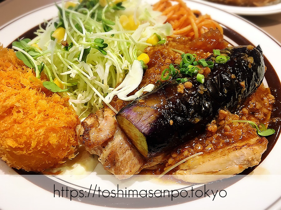 【大塚駅】安い!多い!飽きない!美味しい!最高デブ食!「キッチンABC 南大塚店」の追記:今月のおすすめメニュー(チキンソティーオイスター風味茄子添え+カニクリームコロッケ)